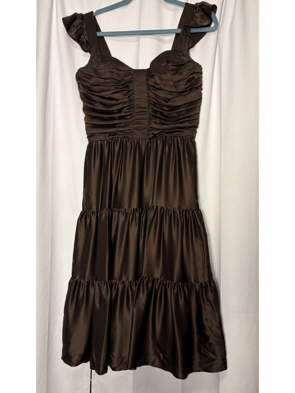 Y2K Vintage Molly New York Brown Tiered Ruched Ruffled Silk Dress Size 2